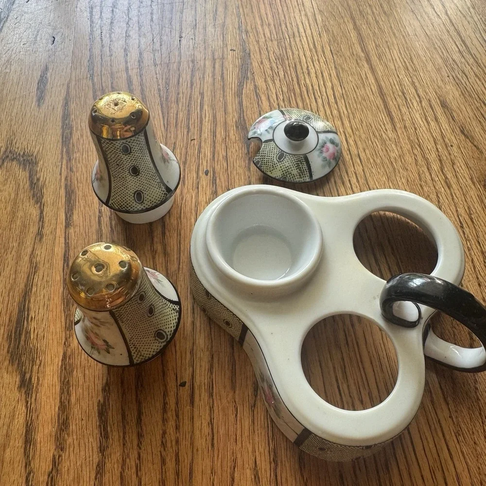 Vintage Hand-painted Condiment Set | Art Deco Chintz Salt & Pepper‎ 1940s
